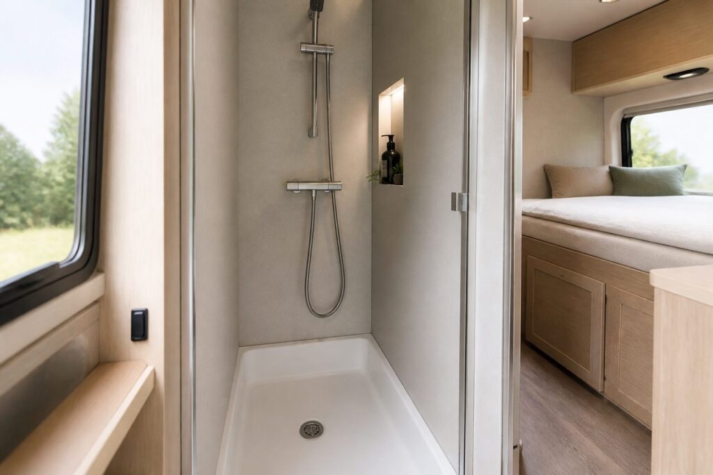 Douche fourgon aménagé: solutions, eau, étanchéité et implantation